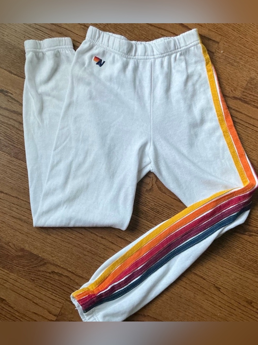 Aviator Nation | Kids White Sweatpants with Rainbow Side Stripes | Size 12